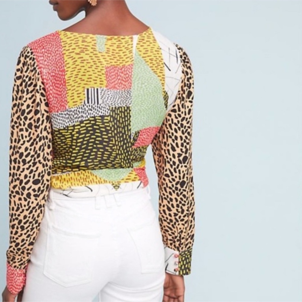 Anthropologie Bl-nk Leopard Patchwork Tie Front Blouse Top XS